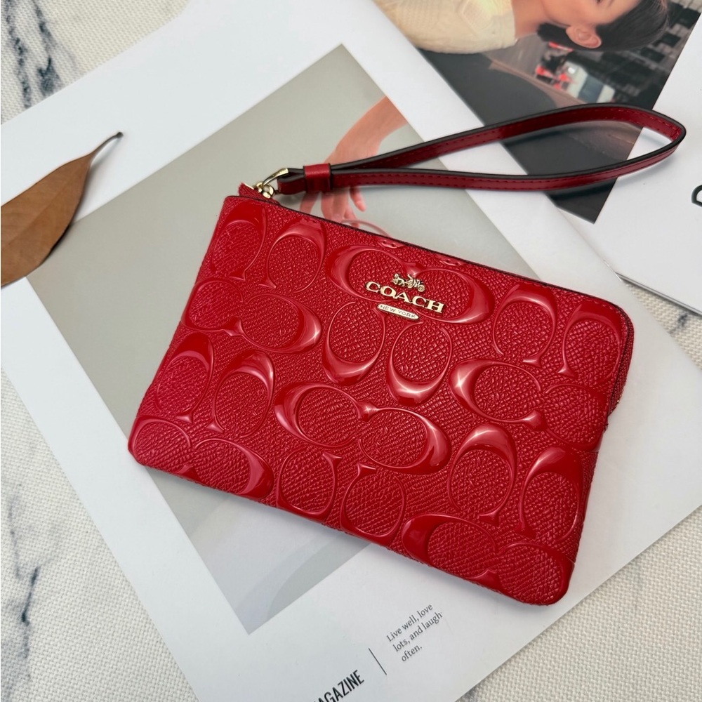 Coach Red Patent Signature Wristlet Clutch with Wrist Strap